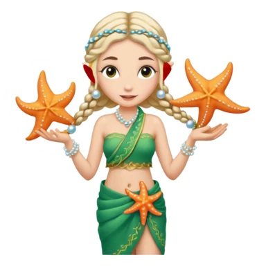 elf female Sarong with bioluminescent embroidery, armful of starfish, hair in a braid with pearl pins sticker