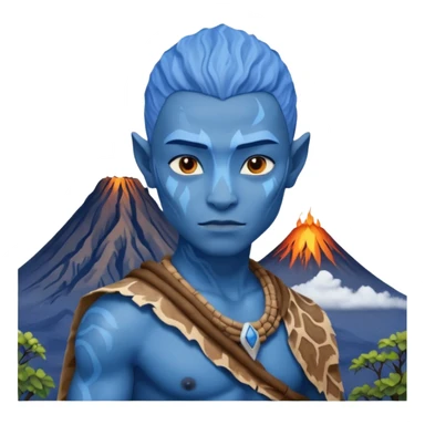 a Avatar blue skin wearing ancient animal skin cloth with volcano behind, half body, icon sticker