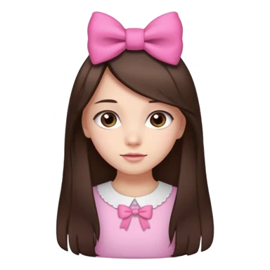 cute girl with dark long straight brown hair with pink bow in hair on te side sticker