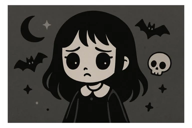 Remove any text from the goth banner, keep it cute, expressive, minimal, in the style of imagen-4-fast-KaUtLiSA10F. Maintain the goth banner's cute and minimal expressive style without text. sticker