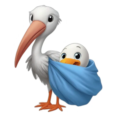 White stork carrying a blue bundle of cloth in its big beak that has a cute human person cute baby boy inside and his head is peeking from the fabric the strok is carrying in its beak sticker