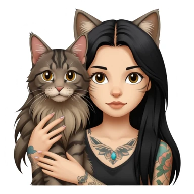 girl with long black  straight hair and tattoos and a tabby Maine coon cat sticker