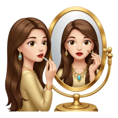 Girl with long brown hair, gold jewelry, and lashes, putting on lipgloss while looking in a mirror  sticker