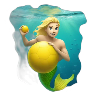 Underwater man blond mermaid swimming with fins, snorkel equipement, holding a small yellow ball, winning enthousiasm sticker