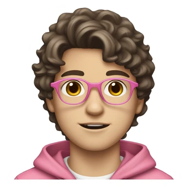 14 year old white boy with brown eyes and dark brown hair. Glasses and hair is wavy but short. Has fringe and it falls to one side of face a bit. Wearing pink hoodie. White skin 😭  sticker
