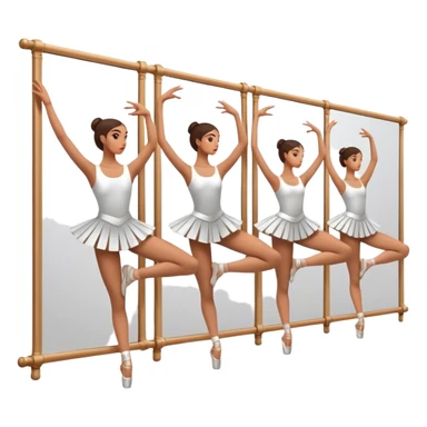 Icon for Choreography: a group of dancers in identical poses, standing by a wall with all wall long mirror, holding a long barre with one hand. The icon should capture the discipline and synchronized movement of dance training. Transparent background. sticker