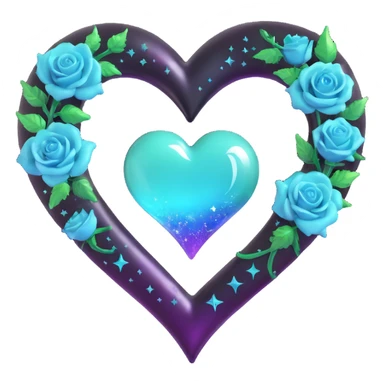 gothic heart in 3D emoji style, crafted from aurora glass, with a silver crescent moon, gradient roses, holographic stardust, neon teal lightning, splintered wet glass sticker