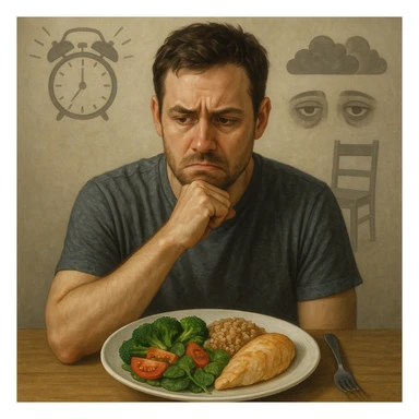 30-year-old thoughtful man sitting at a table in front of a healthy plate with vegetables, brown rice, and chicken, with a suspicious and worried expression towards the food. Behind him, transparent and blurred symbols: an alarm clock (stress), dark clouds (repressed emotions), dark circles under eyes (insomnia), and an empty chair (sedentary lifestyle). Neutral atmosphere, realistic style with a symbolic touch. sticker