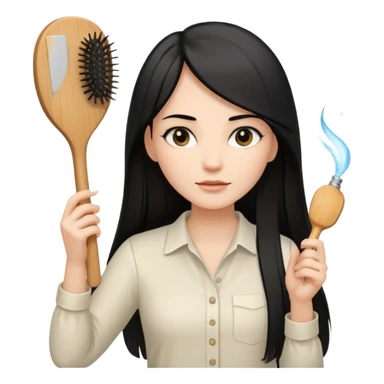 A white woman with long, straight black hair, wearing an ivory-colored shirt, holding a wooden paddle hairbrush in her left hand and spraying a hair mist bottle with her right hand toward her hair. sticker