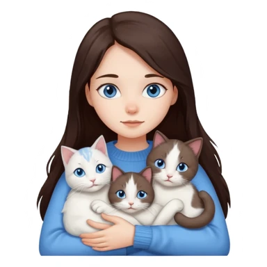 a girl with long dark 
brown hair, with blue eyes, in a
white sweater, hugs 3 different natural coloured cats sticker
