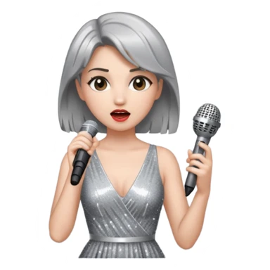 A female singer in sparkling dress holding a mic with emotional expression sticker