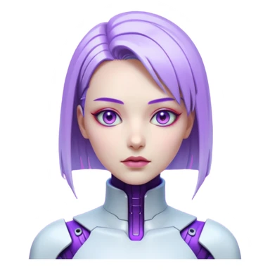 Cyberpunk female android, perfect porcelain skin, glowing artificial eyes, visible faint seams on neck, sleek metallic hair, expressionless, vibrant violet lighting sticker