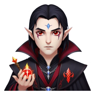 Cinematic Realistic WoW Vampire Mage Portrait, head tilted epicly and inquisitively, showcasing a commanding presence and ancient arcane mastery. His pallid skin and sleek dark hair are set against the intricately detailed black robe—with silver accents and mystical runes—that remains consistent in its shadowed elegance. His piercing crimson eyes blaze with forbidden power, rendered with dramatic, lifelike clarity and high shine, epic and awe-inspiring. sticker