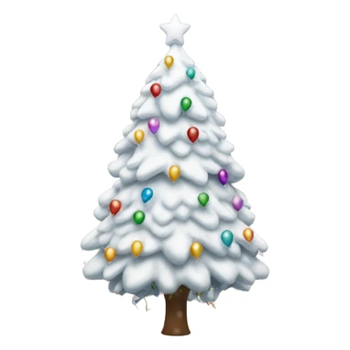 A white snow-covered Christmas tree beautifully decorated with balloons and a garland sticker