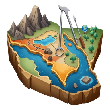 An icon featuring a crowbar and a geological map, and layers of Earth’s crust, symbolizing geology. The design includes mineral samples, fossils, and tectonic plates, representing the study of Earth’s structure and natural processes. Transparent background highlights geological exploration sticker