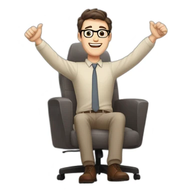 Joyful Celebrating victory Hands up Pale skinned Fit Man With dark brown hair in gray jacket, beige office shirt, Brown pants and vintage glasses sitting In a soft chair sticker