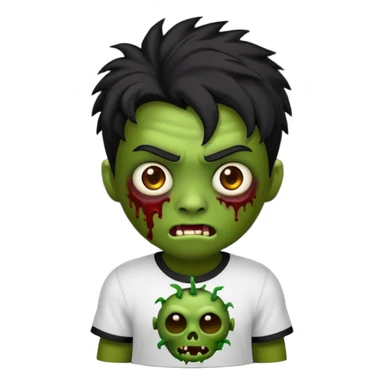 Faça um emoji de um garoto zumbi de cabelos pretos curtos com mechas loiras e com uma camisa preta de mangas compridas. sticker