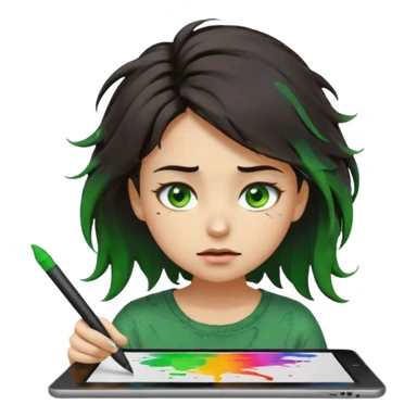 emoji holding and drawing on tablet using a stylus, looking down at screen in frustration, female, messy dark hair, green eyes, alternative/grunge style, screen slightly visible with splashes of color like a paint palette  sticker