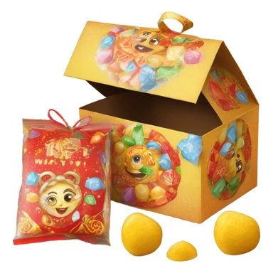 Traditional russian new year sweet gift box with handles with russian candies in wrappers for kids sticker