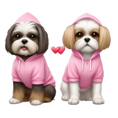 one very cute shih tzu girl and one maltaise dog wearing a pink hoodie with hearts sticker