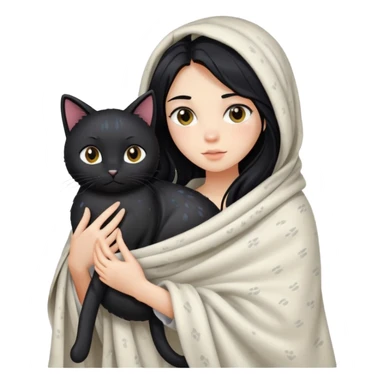 A girl with fair skin, long black hair, just got out of the shower, wrapped in a blanket and holding a black cat sticker