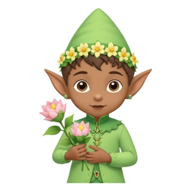 Tiny elf baby brown skin with pointy ears and hat, pastel green outfit, hold flowers sticker