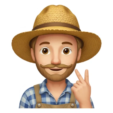 “A single emoji-style character combining 👨‍🌾😄 and 🤔: a smiling farmer man with a straw hat, friendly face, and light beard, holding one hand under his chin in a thinking gesture. His index finger rests under his face, eyes looking slightly upward as if thinking.  sticker