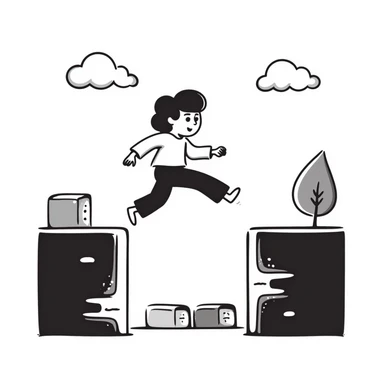 pixel art of a retro side-scrolling video game scene with blocks, platforms, clouds, and a character jumping, 8-bit Game Boy style sticker