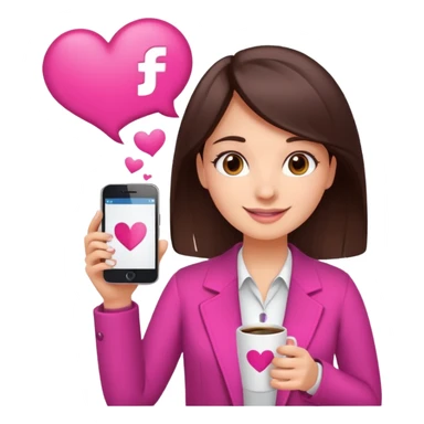 Social media manager. She has dark brown hair, brown eyes, a friendly smile. She is holding a smartphone and a coffee cup. Include subtle marketing elements like small icons of hashtags or a speech bubble with a heart. Use vibrant colors with a focus on pink and fuchsia tones. sticker