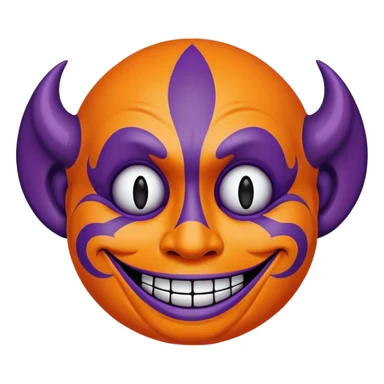 Juggalo smiley face that is Perfectly round and hairless with elaborate but symmetrical lined face paint that is orange bordered by dark purple sticker