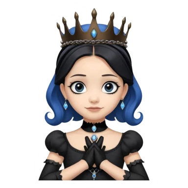 Tight fitting relaxed dressed, Holey and worn black evening gown with see-through wispy black gloves, holding arms-crossed in front smiling cute pose witchy mysterious Jenna Ortega as queen Wednesday Addams wearing a steampunk style mini tiara, very large blue evil-looking horned old evil eyes  sticker