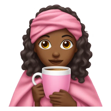 A black woman with long curly hair  with a pink blanket wrapped over her shoulders, holding a pink mug of coffee sticker