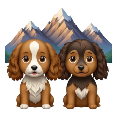 two dogs with wavy hair, one black and brown, one shades of brown with mountains sticker