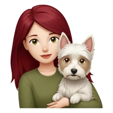 Westie white terrier dog being held by woman with dark red long hair and hazel eye wearing olive green top sticker