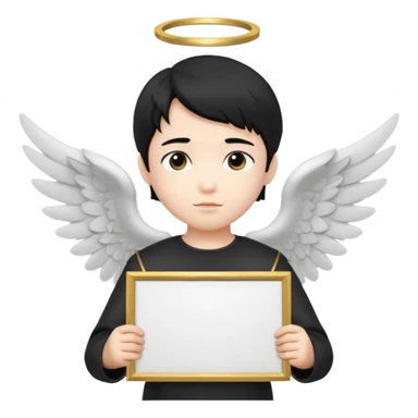 Asian Boy Angel with black hair black black eyes halo and black wings holding a large blank sign sticker