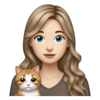 white girl with brown hair curtain bangs blue eyes holding 2 cats sticker