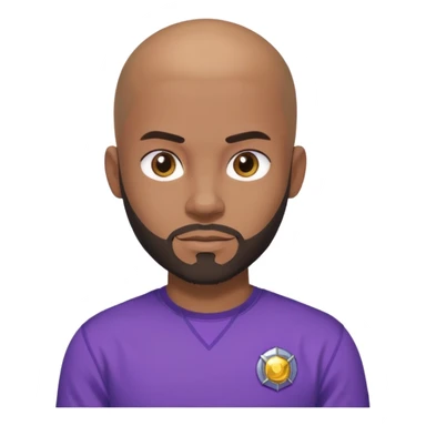 um jovem negro, careca, com barba, com um olhar confiante e olhando para frente, usando uma camisa roxa mostrando o seu beyblade. sticker