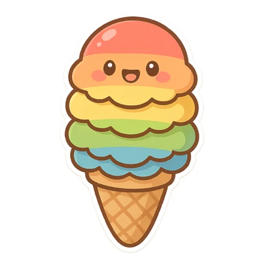 chibi sticker-style ice cream cone with rainbow scoops, pride, cute and exaggerated sticker