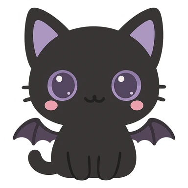 kawaii style gothic cat, cute face, black fur, purple eyes, tiny bat wings, playful and mysterious sticker