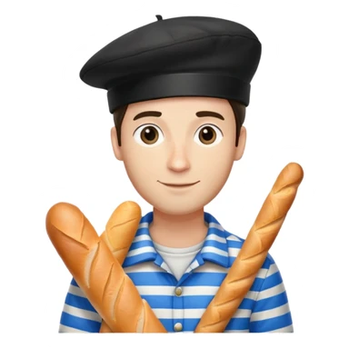 French man with blue and white striped shirt, black beret, holding a baguette sticker