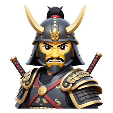 clash-of-clans-aesthetic_-cinematic-fearsome-and-majestic-samurai-bust-portrait-emoji, rendered in a flat, vector-style with minimal shading and bold, simplified shapes typical of emoji art, depicting a battle-hardened samurai with black mask and traditional black Japanese armor. The samurai is riding a noble grey warhorse adorned with an intricately designed saddle and fluttering banners and a rising sun. a samurai on a   horse sticker