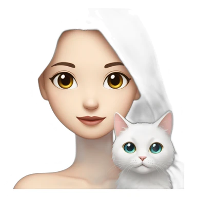 A girl with long dark hair and on her left shoulder and neck lies a white fluffy cat with eyes of different colors sticker
