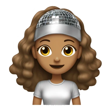 A girl wearing a disco ball, ￼ T-shirt ￼ With long, brown, darkest,  ￼wavy hair,  sticker