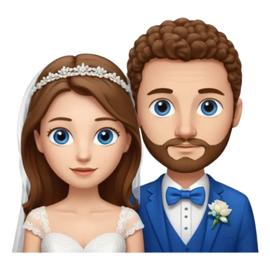 wedding couple, woman has long straight brown hair and blue eyes, man has short light brown curly hair and facial hair with blue eyes sticker