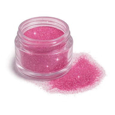 open jar of pink glittery powder, some powder spilled, sparkles, cosmetic product, no background sticker