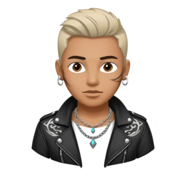 a rockstar wearing necklace, leather jacket, having tattoo sticker