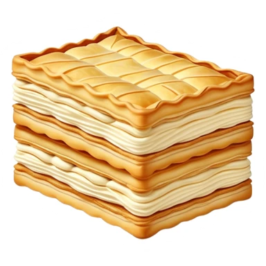 mille-feuille-cinematic-realistic-mille-feuille-dessert-emoji,-depicted-as-a-rectangular delicate-pastry-composed-of-two-crisp-layers-of-puff-pastry-with-a-rich-cream-filling,-rendered-with-intricate-textures-and-elegant,-soft-lighting. Please only show two layers only. sticker