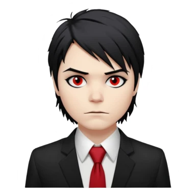 Gerard Way (Revenge Era)
Round, simplified emoji style
Pale skin tone
Jet-black, shoulder-length hair messy and emo
Heavy eyeliner and slight red shadow under the eyes
Subtle serious
Hint of red tie visible on black button up shirt.
Transparent background. Black eyeliner. Messy emo hair sticker