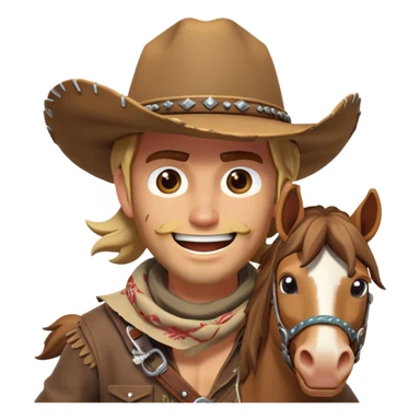 clash-of-clans-aesthetic_-cinematic-playful-cowboy-portrait-emoji, head-tilted with a roguish, cheeky grin and twinkling eyes, featuring a rugged, spirited build with a wide-brimmed cowboy hat and a weathered bandana on tan skin, riding a powerful galloping horse with dynamic flowing mane, reins gripped firmly in one hand and a lasso in the other, as dust swirls behind them in a vast desert landscape. sticker
