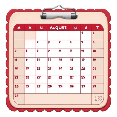 a monthly calendar labeled “August,” with rounded square date boxes, scalloped border frame, playful red doodle lines, and a cozy planner vibe. Minimal kawaii style, flat pastel color palette, slightly imperfect sketch lines, centered object, no background sticker